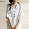 ZANZEA Korean Style Women Office Half Sleeve Wave Edge Blouses Shirt Collar Solid Color Work Top #0104. 