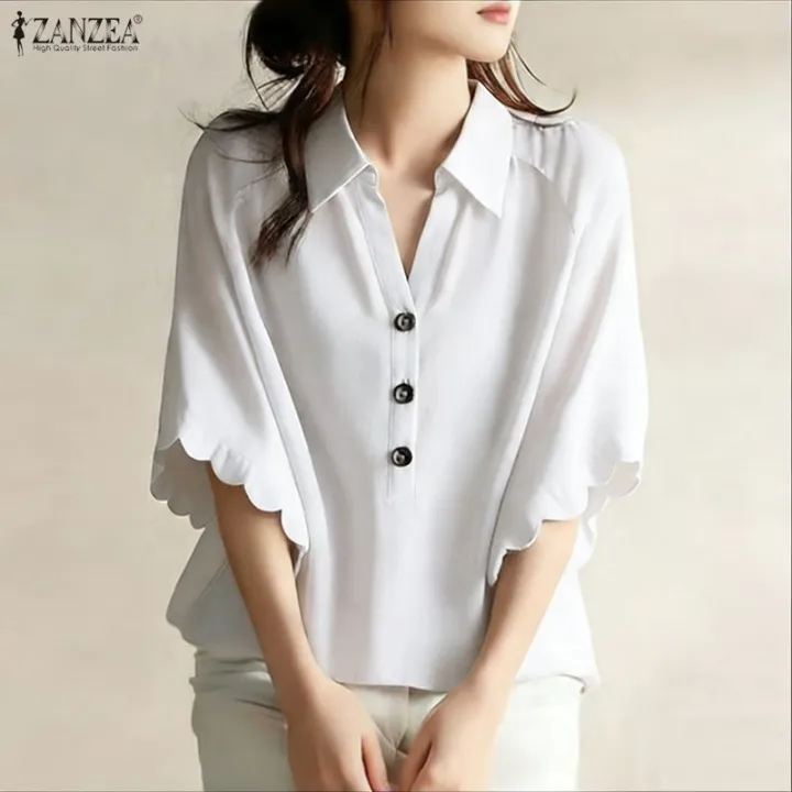 ZANZEA%20Korean%20Style%20Women%20Office%20Half%20Sleeve%20Wave%20Edge%20Blouses%20Shirt%20Collar%20Solid%20Color%20Work%20Top%20#0104%20-%20Image%202