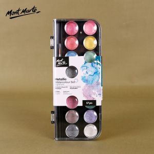 Mont Marte 16/18/36 Colors Pearlescent Metallic Solid Watercolor Paint Set With Water Brush Pen Glitter Watercolour Pigment painting Art Supplies