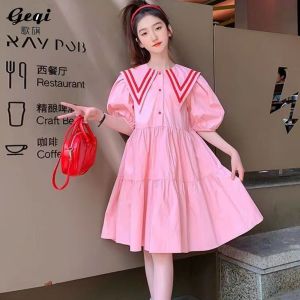 Girls Dress 2024 Summer New Bubble Sleeves Academy Style Princess for Big Boys Korean Fashion and Western Skirt