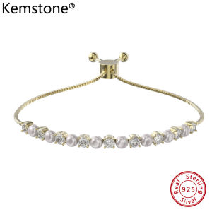 Kemstone S925เงินสเตอร์ลิงไข่มุกสร้อยข้อมือปรับได้เพทาย14K เครื่องประดับชุบทองสำหรับเป็นของขวัญสำหรับผู้หญิง