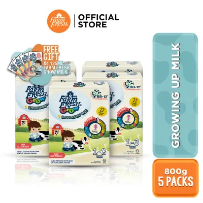 Farm Fresh Grow Powder 1-3 Years Old 800g x 5 Packs + Farm Fresh Grow Formulated Milk 1-6 Years Old 125ml x 4 Packs