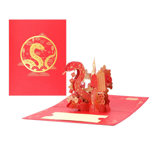 3D Popup New Year Gold Foil 2025 Snake Year Greeting with Envelope Handmade Present for Spring Festival