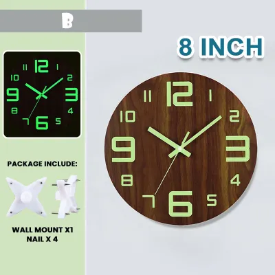 12 Inch Luminous Wall Clocks Wooden Glowing Non-Ticking Clock Living Room Home Decor Jam Dinding 挂钟