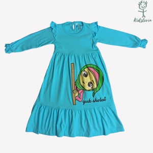 Pakaian Baju Muslim Anak Perempuan Cewek Gamis Ruffle Anak Usia 1-6 Tahun Bahan Katun Biru Muda
