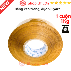 1 Cuộn băng keo trong đục 500yard nặng 1kg rộng 47cm lõi giấy 5mm. Mua từ 6 cuộn được kèm dao cắt