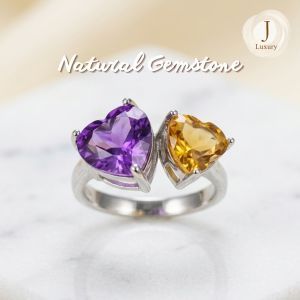 Citrine & Amethyst Heart Toi et Moi Ring (ADJUSTABLE RING)
