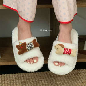 WY-XIXITIAO ins Cute Puppy One-Word Cotton Slippers for Men and Women Autumn and Winter Home Comfort Couples Cartoon Furry Slippers with a Girlish Heart