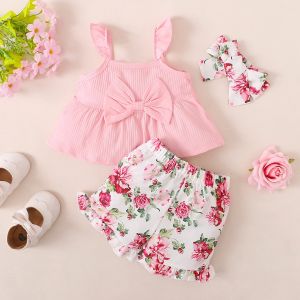 Baby Girl Clothes Set 3-24 Months Fashion Newborn Baby Girl Outfit Solid Bow Sleeveless T-shirt Floral Shorts 2PCS Summer Girl Party Clothing Suit