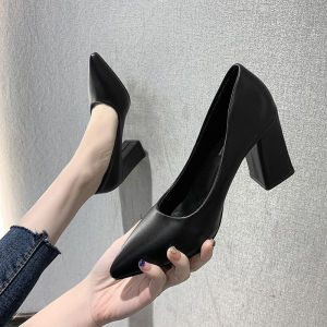 3cm5 Soft Leather Professional Ceremonial High Heels Womens Chunky Heel Spring and Summer Black Flight Attendant College Student Pointed Shoes for Work