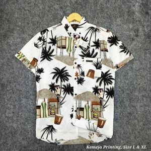 Kemeja surfing pantai pria lengan pendek putih motip bunga hitam