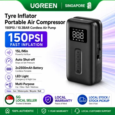 UGREEN Tyre Inflator Portable Air Compressor 150PSI/10.3BAR Cordless Air Pump with Battery LED Light for Wheel Tire Car Bike Motorcycle Ball Air Mattress Sleeping Pad Pool Toys