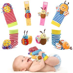 Bloobloomax Wrist Rattle Socks and Foot Finder Set Infant Girl Boy Toys for Babies 0-36 Months Newborn Hand & Foot Toys for 0 to 3 Years Baby Shower Gifts Set (Dark Blue Gift)