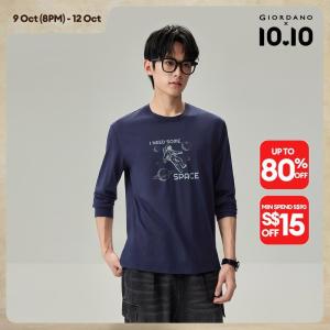 Giordano Beau Monde Men Space exploration print long sleeve cotton tee Free Shipping 13096796