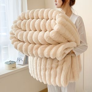 【Super low price】Premium Ultra-Soft Double Sofa Blanket Elastic Striped Plush Beige Throw for Living Room Bedroom Sofas  All-Season