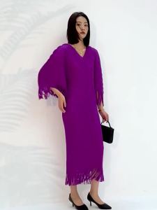 Clearance Sale* High-End Pleated Temperament plus Size Dress Womens New Cross-Border Batwing Sleeve V-neck Tassel Long Dress #Rs20230363