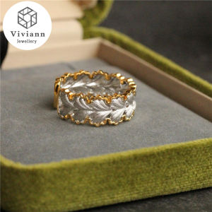 Viviann Original Imported Textured Gold Carving Craft Ginkgo Leaf Open Ring 925 silver Gold-plated Adjustable Ring Rings For Women Open Adjustable Ring Wedding Band Couple Jewelry Gift