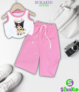 Bộ sát nách quần ống rộng bé gái thun gân hình in kuromi kem cho bé 6kg -30kg.SNQD01.