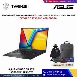 ASUS VIVOBOOK 16X K3605VC-RP493W (INDIE BLACK) - INTEL CORE I5-13420H/8GB DDR4 RAM/512GB NVME PCIE M.2 SSD/NVIDIA GEFORCE RTX3050 4GB GDDR6/WIN11 HOME/16 INCHES IPS WUXGA 144HZ DISPLAY