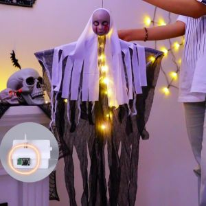 Hanging Halloween Glowing Ghost Ornament Spooky Ghost Doll with Warm LED Lights Creepy Blood Tears Face Tattered Gauze Indoor Outdoor Decor for Haunted House Shop Window Garden Yard & Party