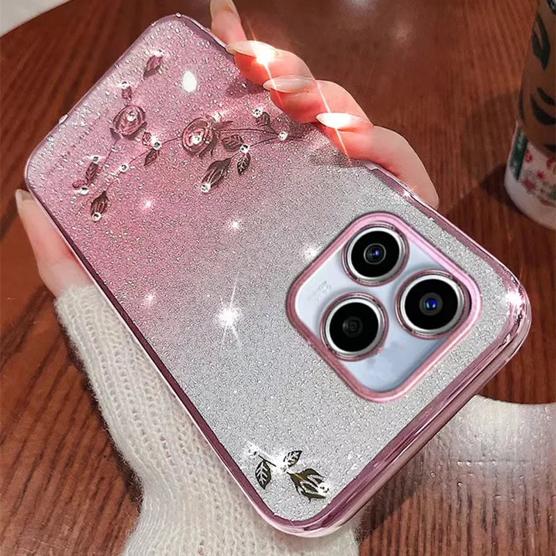 for Realme C53 Case Glitter for Women Girls Pink Floral Clear Shockproof  Protector Realme C53 Phone Case Luxury Diamond Bling Sparkle Cute Phone  Cover