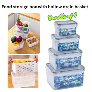 GTHome(Singapore) SET of 4 Stackable Food Storage Containers with Drain Basket  Food Grade PP Sealed fridge organizer