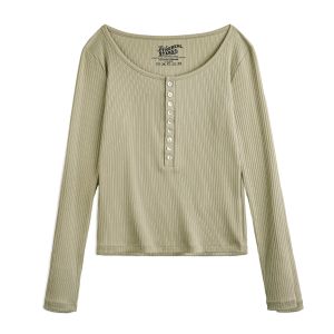 Maden Women’s Slim Fit Henley Shirt Ribbed Knit Long Sleeve T-shirt O-Neck Layering Top Solid Color Autumn Winter Inner Wear2026