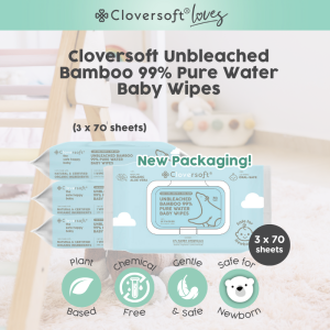 ❤️Cloversoft  Loves 99% Pure Water Unbleached Bamboo Organic Baby Wipes with lid [3 x 70 sheets]