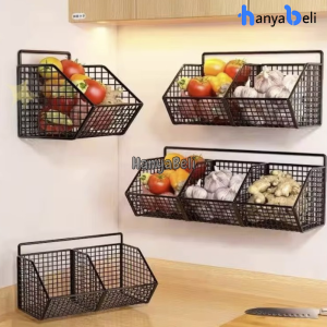 HBM Rak Penyimpanan Bawang Putih Jahe Rak Dapur Gantung Tempel Dinding Rak Keranjang Dapur Besi Wadah Tempat Penyimpanan Buah Sayur Telur Tomat