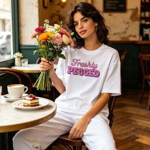 Freshly Pegged Letter Graphic Print Soft Cotton Streetwear Short Sleeve Tee Daily Party Wear 2026 Summer Casual Women T Shirt