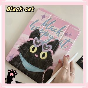 น่ารัก เคสiPadหมุน 360° Air4/5 10.9 Air6 11 Air7 Gen11 Black cat Gen10 พร้อมถาดใส่ปากกา Acrylic เคส ipad Air6/7 13 Pro13 2024