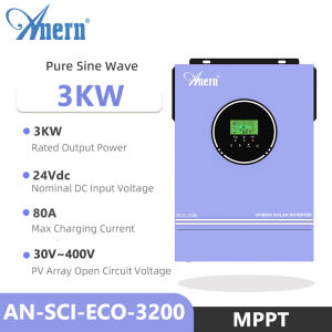 Anern 2KW/3KW Hybrid Solar Inverter 12V/24V Solar Inverter Built In 80A MPPT Solar Charge Controller 50/60Hz Auto