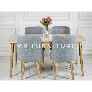 Set Meja Makan Top Marmer Krem Kaki Kayu Kursi Empat