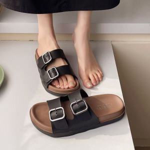 Double Wide Strap Rose Gold Buckle Platform Slides Light Height Increasing & Versatile Womens Slides for Daily Outings