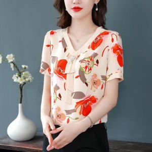 100KG Fat Girl Can Wear Floral Chiffon blouse Women Elegant Temperament V neck Short Sleeve Middle age mother Plus Size Age reduction tees Ladies Korean Style Chiffon shirt tops