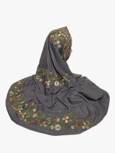 Mukena Terusan Lajuran Langsungan Dewasa Bordir Santri Putri Jumbo Bahan Semi Sutra Kain Warna Abu Motif Pitaloka