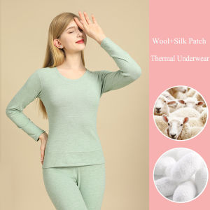 Womens Thermal Underwear Winter 2-Piece Set Wool and Silk Patches Thick Double Layer Warm Clothes Long Bottom Pants Shirt