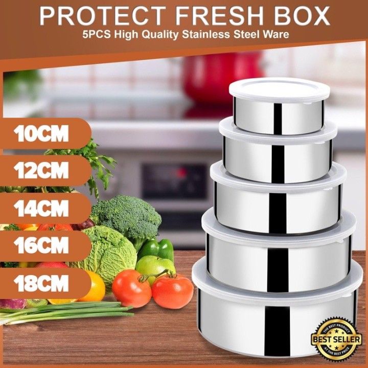 MH 5 Pcs Stainless Steel Fresh-Keeping Boxes with Lids Reusable Storage Bowl Sealed Crisper Food Container Kitchen Tool | Lazada Philippines
