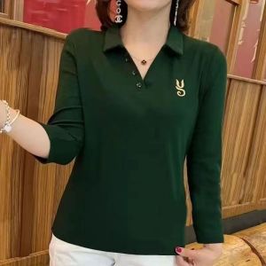 100KG Fat Girl Can Wear High Quality Spring and Autumn Long Sleeve Women Stretch Polo Shirt Casual Fashion Classic Blouse Ladies Internet Celebrity Retro Plain Lapel T-shirt