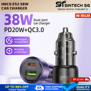 Hoco Z52 Spacious 38W Car Charger with USB-C PD 20W & USB-A QC3.0 18W Dual Port Fast Charging Transparent Shell Over Voltage Protection Universal Compatibility for iPhone Samsung Xiaomi