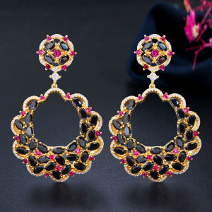 SEQUITO Super Luxury Yellow Gold Plated Pave Oval Black Cubic Zircon Crystal Stone Exaggerated Big Flower Dangle Earrings Jewelry for Women Wedding Party SE510
