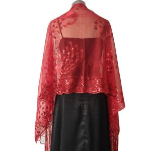 LUSIT Sequins Elegant Wedding Shawl Breathable Tulle Lace Hollow Floral Sheer Scarf Fashion Embroidered Lace Headscarf for Women