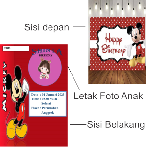 PAKET 50pcs Undangan Ulang Tahun Mickey Mouse 2 Sisi  9x14 cm Free Plastik