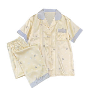 Baju Tidur Piyama Sutra Untuk Wanita / Set Celana Panjang Lengan Pendek / Motif Renda Polkadot Manis