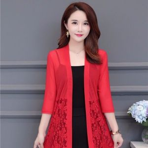 Summer Lace Sunscreen Cardigan Oversized Womens Mid Length Thin Jacket Top Shawl Mesh Air Conditioning Shirt