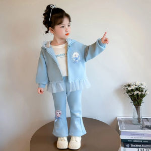 2025 Autumn Sweet Girls Two Pieces Set Princess Mesh Splicing Hooded Coat+Flare Pants Casual Sport Childrens Sets