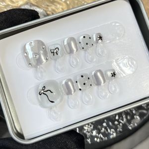 [Thủ công + Keo Dán miễn phí] phong cách Hepburn móng chân nhân tạo Miu Mắt Mèo Nơ Chấm Bi Polka liệu pháp ánh sáng vá Móng Chân Giả ấn vào móng tay tái sử dụng