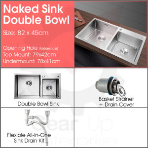 [Complete Set] Nano Silver Double Bowl Sink Stainless Steel for Top & Undermount Kitchen come with Faucet Pipe and Soap Dispenser