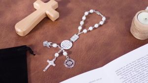 Car Rosary for Rearview Mirror Cross Car Rosary for Mirror Hanging Psalm 91: 11 Bible Verse Religious Gifts Driver Angel Women Men Gift(Simple StyleSilver)