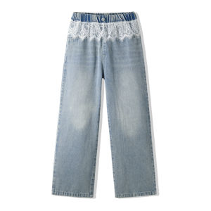 Rolanko High Waist Denim Wide Leg Pants for Girls Lace Splicing Long Trousers Spring Summer Design School Children Bottoms 6-15 Years ﻿